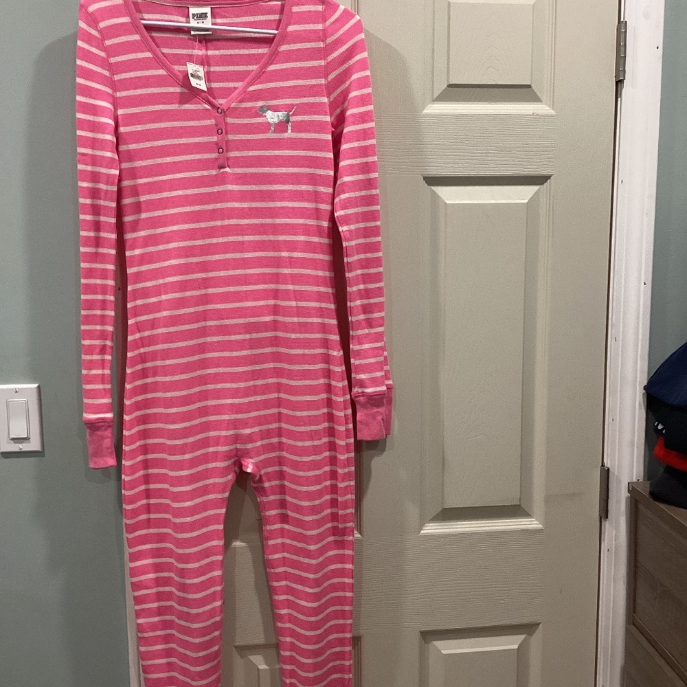 Victoria’s Secret VS Pink Striped Pink White Thermal Long Jane Onesie